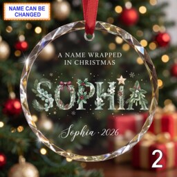 Christmas Glass Ornament, Custom Holiday Name Keepsake With Greenery Lettering, Red Bow & Pine Branches, Personalized Winter Gift - thumbnail 2