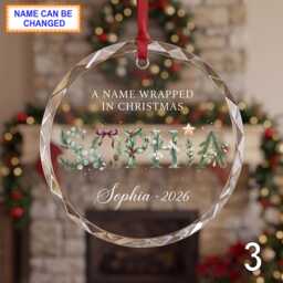 Christmas Glass Ornament, Custom Holiday Name Keepsake With Greenery Lettering, Red Bow & Pine Branches, Personalized Winter Gift - thumbnail 3