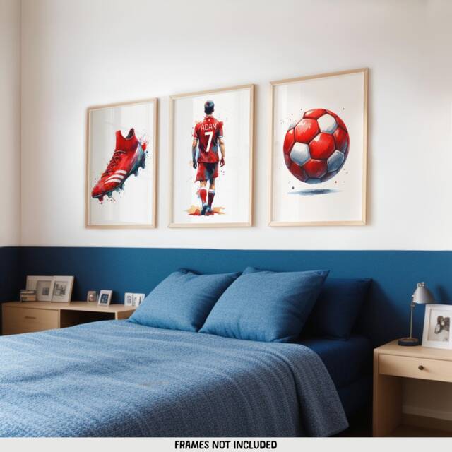 Personalised Football Wall Art - Set Of 3 Posters - Boys Bedroom Decor Kids Room Soccer Artwork Custom Footballer Gifts Red - image 1
