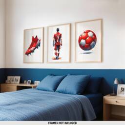 Personalised Football Wall Art - Set Of 3 Posters - Boys Bedroom Decor Kids Room Soccer Artwork Custom Footballer Gifts Red - thumbnail 1