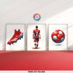 Personalised Football Wall Art - Set Of 3 Posters - Boys Bedroom Decor Kids Room Soccer Artwork Custom Footballer Gifts Red - thumbnail 2