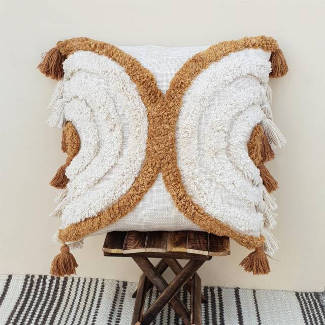 Ivory Hand Tufted Cotton Pillow Cover, Mustard Yellow Boho Tassel Cushion, Couch Throw Pillow, Living Room Decor Gift, Woven Texture - image 1