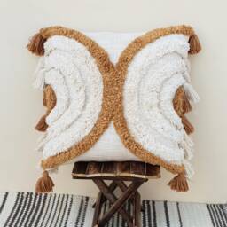 Ivory Hand Tufted Cotton Pillow Cover, Mustard Yellow Boho Tassel Cushion, Couch Throw Pillow, Living Room Decor Gift, Woven Texture - thumbnail 1