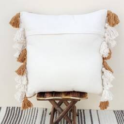 Ivory Hand Tufted Cotton Pillow Cover, Mustard Yellow Boho Tassel Cushion, Couch Throw Pillow, Living Room Decor Gift, Woven Texture - thumbnail 4