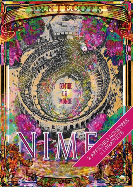 Poster Of N??mes Center Du Monde Perfect For Gard Reboussiers - Arena Seen From Above in Retro Flowery Fashion - image 1