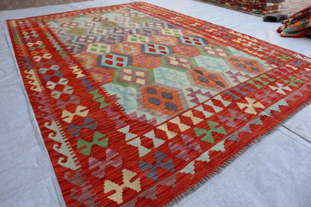 7x10 Ft Red Flatweave Rug, Afghan Tribal Turkmen Oriental Rug, Chubi Maimana Kilim Vintage Rug For Bedroom, Livingroom Carpet - image 1
