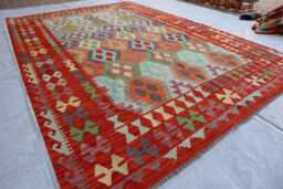 7x10 Ft Red Flatweave Rug, Afghan Tribal Turkmen Oriental Rug, Chubi Maimana Kilim Vintage Rug For Bedroom, Livingroom Carpet - thumbnail 1