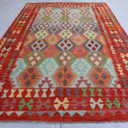 7x10 Ft Red Flatweave Rug, Afghan Tribal Turkmen Oriental Rug, Chubi Maimana Kilim Vintage Rug For Bedroom, Livingroom Carpet - thumbnail 2