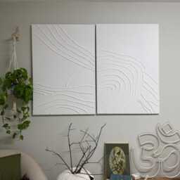 xlarge Set Of 2 White Textured Wall Art, Plaster Canvas Painting Boho Art - thumbnail 2