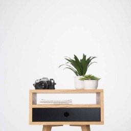 Mid Century Oak Nightstand - Black Drawer, Open Shelf Bedside Table - thumbnail 3