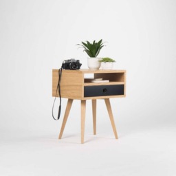 Mid Century Oak Nightstand - Black Drawer, Open Shelf Bedside Table - thumbnail 2