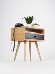 Mid Century Oak Nightstand - Black Drawer, Open Shelf Bedside Table