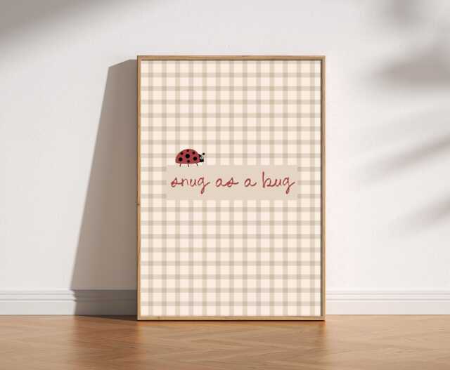 Snug As A Bug Print - Cute Ladybird Wall Art, Cosy Nursery Quote Poster, Whimsical Cottagecore Kids Retro Gingham Illustration - image 1