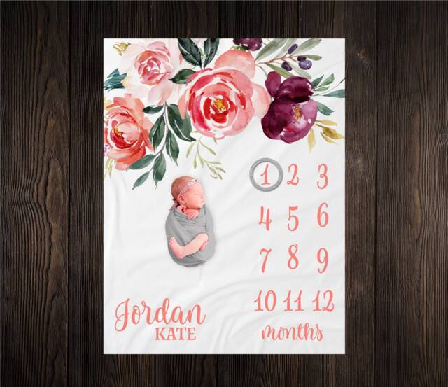 Burgundy & Coral Floral Milestone Blanket, Baby Month Girl Blanket Track Growth Keepsake Shower Gift - image 1