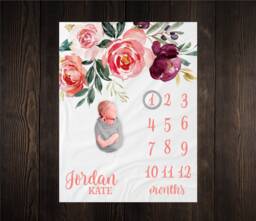 Burgundy & Coral Floral Milestone Blanket, Baby Month Girl Blanket Track Growth Keepsake Shower Gift