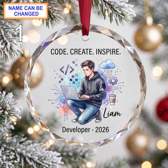 Code - Create Inspire Christmas Glass Ornament, Custom Developer Keepsake With Laptop, Symbols, Cloud Icons & Tech Details - image 1