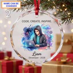 Code - Create Inspire Christmas Glass Ornament, Custom Developer Keepsake With Laptop, Symbols, Cloud Icons & Tech Details - thumbnail 2