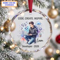 Code - Create Inspire Christmas Glass Ornament, Custom Developer Keepsake With Laptop, Symbols, Cloud Icons & Tech Details