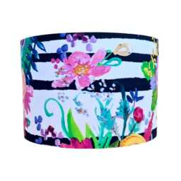 Floral Drum Lampshade Black & White Stripe With Pink Roses
