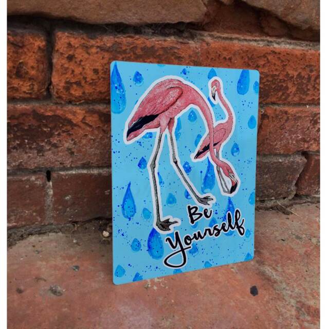 Be Yourself Rain Drops Unique Flamingo Bird Pink Advertising Enamel Metal Tin Sign Wall Plaque