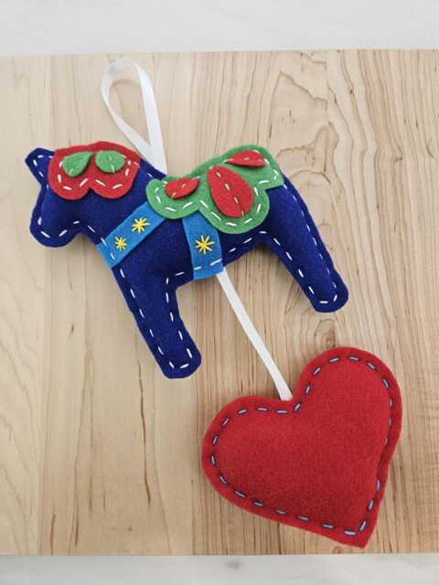 Blue Felt Dala Horse Wall Hanging With Heart - Handmade Scandinavian Folk Art Decor Large Ornament Or Decoration Personalized Gift - image 1