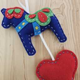 Blue Felt Dala Horse Wall Hanging With Heart - Handmade Scandinavian Folk Art Decor Large Ornament Or Decoration Personalized Gift - thumbnail 3