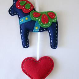Blue Felt Dala Horse Wall Hanging With Heart - Handmade Scandinavian Folk Art Decor Large Ornament Or Decoration Personalized Gift - thumbnail 4