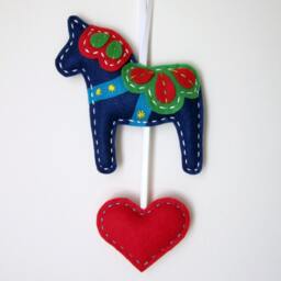 Blue Felt Dala Horse Wall Hanging With Heart - Handmade Scandinavian Folk Art Decor Large Ornament Or Decoration Personalized Gift - thumbnail 2