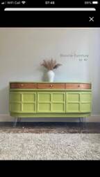 Mid Century Luxury Sideboard Nathan - Curved Teak Lime Green Steel Hairpin Legs
