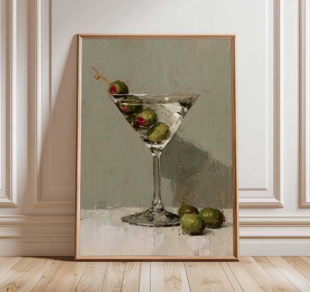 Martini Cocktail Wall Art, Olive Poster, Modern Bar Decor, Kitchen Print, Minimalist Still Life Alcohol Artwork - image 1
