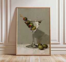 Martini Cocktail Wall Art, Olive Poster, Modern Bar Decor, Kitchen Print, Minimalist Still Life Alcohol Artwork - thumbnail 1