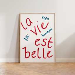 Bedroom Wall Art Print, French Poster, Life Is Beautiful La Vie Eat Belle, Blue Red Art, Hand Painted Kitchen Decor - thumbnail 1