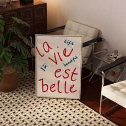 Bedroom Wall Art Print, French Poster, Life Is Beautiful La Vie Eat Belle, Blue Red Art, Hand Painted Kitchen Decor - thumbnail 3