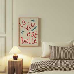 Bedroom Wall Art Print, French Poster, Life Is Beautiful La Vie Eat Belle, Blue Red Art, Hand Painted Kitchen Decor - thumbnail 2