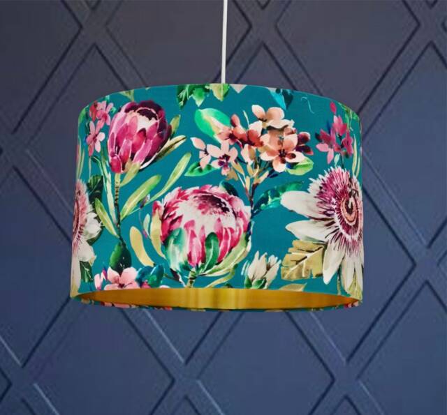 New Luxury Premium Quality Teal Velvet Floral Rose Plants Print On Fabric With Mettle Lining Lamp Shade Pendant Light - image 1