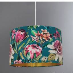 New Luxury Premium Quality Teal Velvet Floral Rose Plants Print On Fabric With Mettle Lining Lamp Shade Pendant Light - thumbnail 3