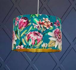 New Luxury Premium Quality Teal Velvet Floral Rose Plants Print On Fabric With Mettle Lining Lamp Shade Pendant Light - thumbnail 1
