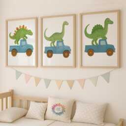 Dinosaur in Truck Print Set - Cute Dino Construction Wall Art For Nursery Or Playroom Gift Boys A3 A4 Unframed Kids Prints - thumbnail 2