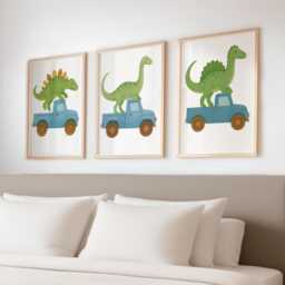 Dinosaur in Truck Print Set - Cute Dino Construction Wall Art For Nursery Or Playroom Gift Boys A3 A4 Unframed Kids Prints - thumbnail 1