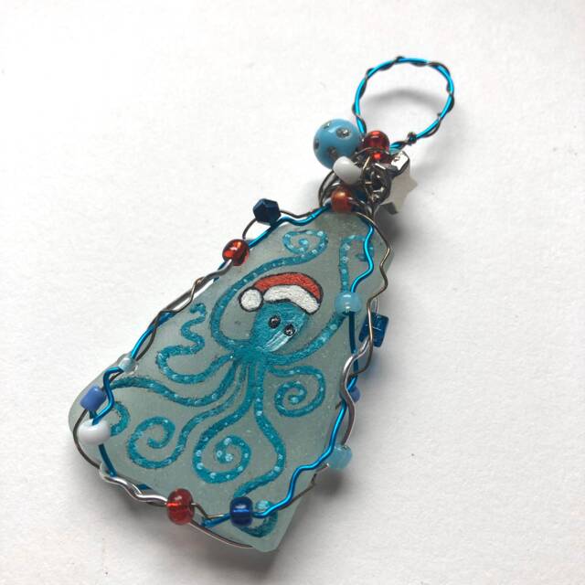 Hand-Painted Sea Glass Octopus Christmas Ornament Beaded Wired Decor - image 1