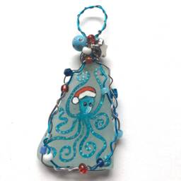 Hand-Painted Sea Glass Octopus Christmas Ornament Beaded Wired Decor - thumbnail 3