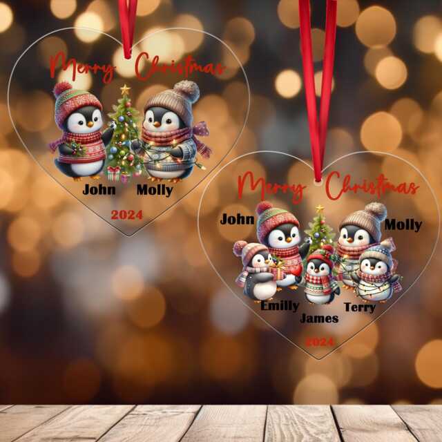 Personalised Christmas Tree Bauble Ornament Penguin Family - Custom 2025 Heart-Shaped Decoration - image 1