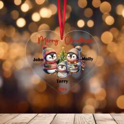 Personalised Christmas Tree Bauble Ornament Penguin Family - Custom 2025 Heart-Shaped Decoration - thumbnail 3