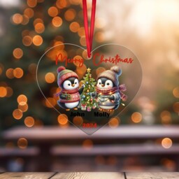 Personalised Christmas Tree Bauble Ornament Penguin Family - Custom 2025 Heart-Shaped Decoration - thumbnail 2