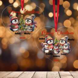 Personalised Christmas Tree Bauble Ornament Penguin Family - Custom 2025 Heart-Shaped Decoration - thumbnail 1