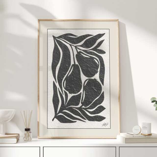 Black & White Botanical Wall Art Print, Minimalist Fruit Leaves Artwork, Modern Monochrome Poster, Contemporary Nature Line Drawing - image 1