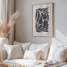 Black & White Botanical Wall Art Print, Minimalist Fruit Leaves Artwork, Modern Monochrome Poster, Contemporary Nature Line Drawing - thumbnail 2