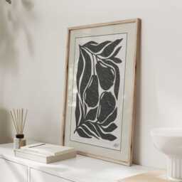 Black & White Botanical Wall Art Print, Minimalist Fruit Leaves Artwork, Modern Monochrome Poster, Contemporary Nature Line Drawing - thumbnail 3