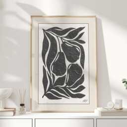 Black & White Botanical Wall Art Print, Minimalist Fruit Leaves Artwork, Modern Monochrome Poster, Contemporary Nature Line Drawing - thumbnail 1