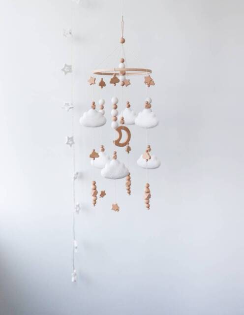 Moon, Clouds & Stars Baby Mobile For Crib, Pastel Colours Nursery Decor, Gender Neutral Felt Mobile, Baby Shower Gift - image 1